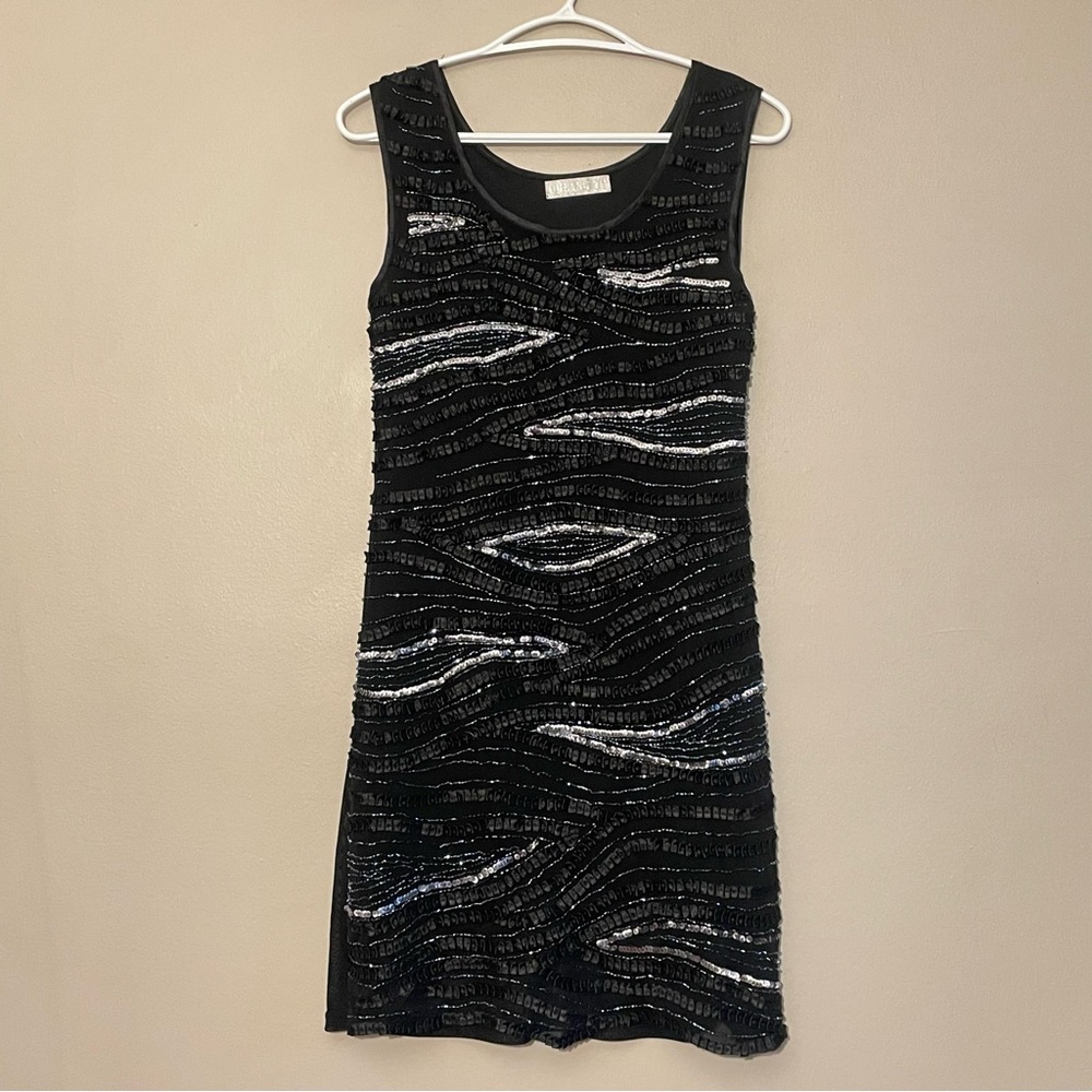 4/$20➡️ Black & Silver Beaded Sequin Patterned Mini Dress – Size Medium GUC - Picture 3 of 11